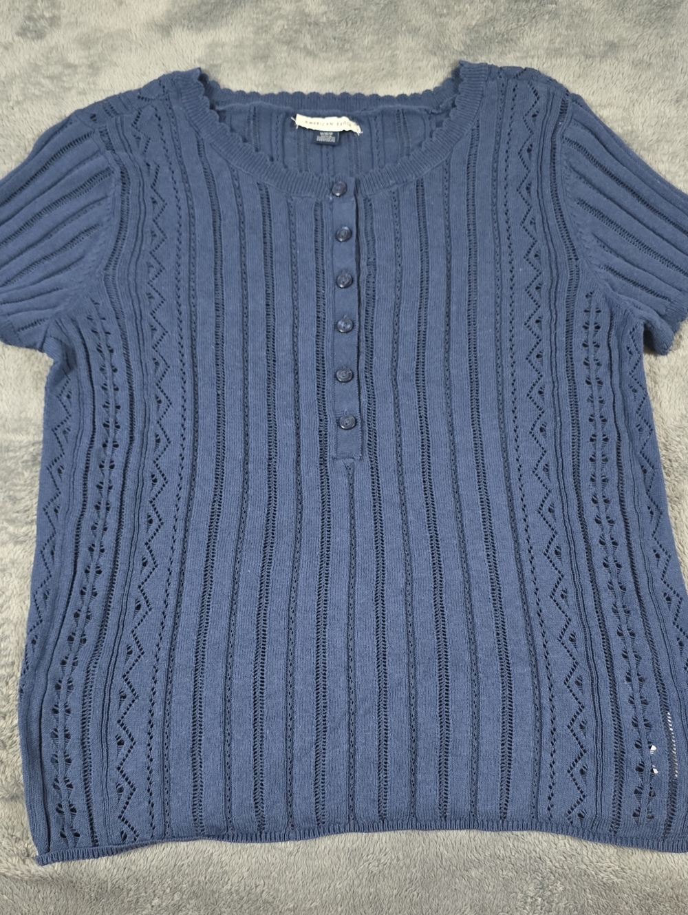 American Eagle Outfitters Navy Blue Short-Sleeve Knit Button-Up Top